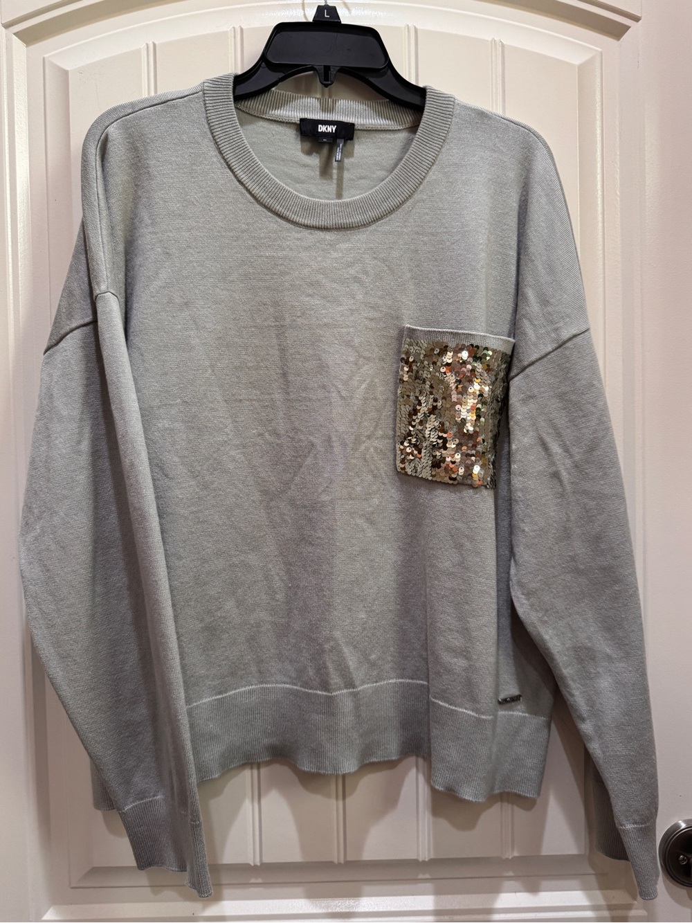 DKNY Light Gray Crewneck Sweater with Sequin Pocket